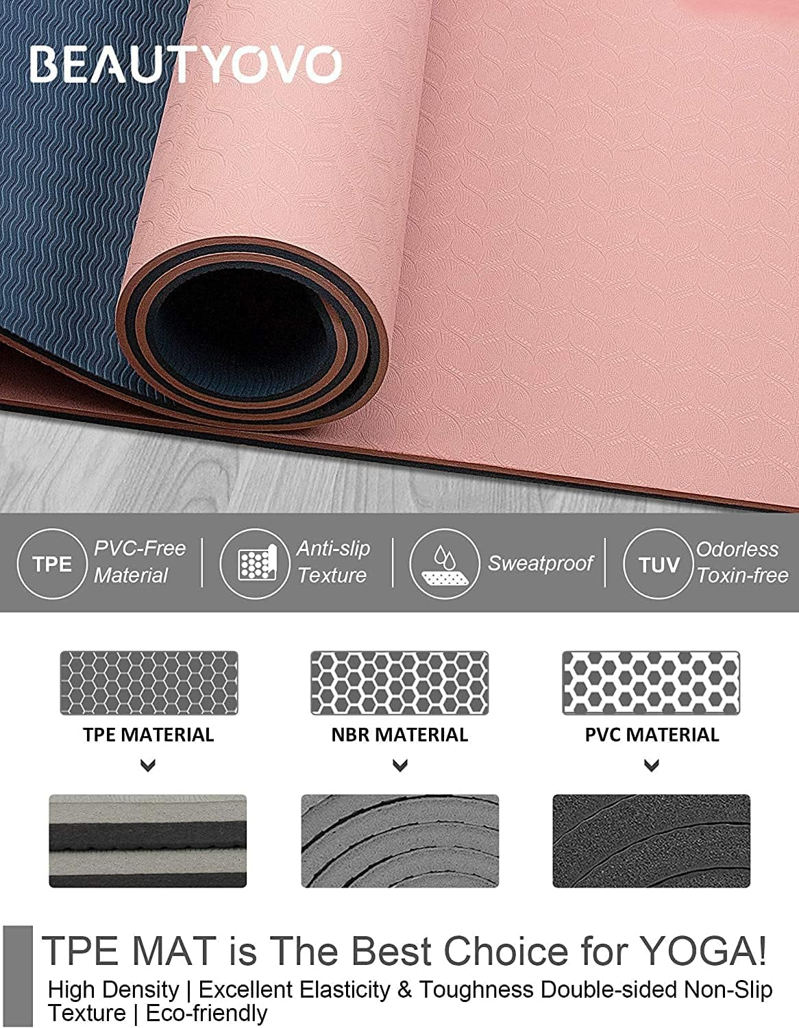 Yoga Mat with Strap, 1/3 Inch Extra Thick Yoga Mat Double-Sided Non Slip, Professional TPE Yoga Mats for Women And Men